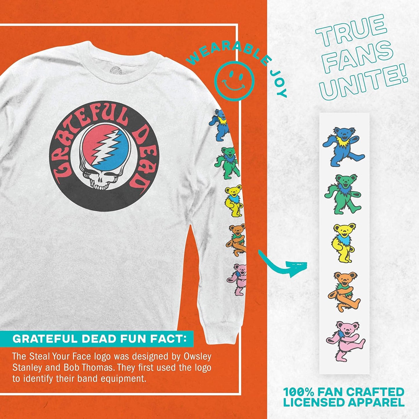 Grateful Dead Men'S Long Sleeve T-Shirt Steal Your Face Stealie Dancing Bears Officially Licensed