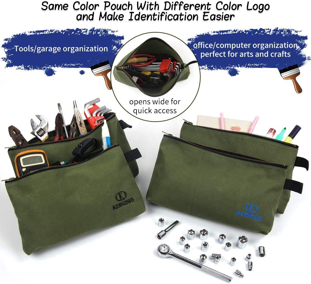 4 Pack Upgrade Zipper Canvas Tool Pouch, 20 Oz Heavy Duty Tool Bag, Water Resistant Utility Tools Organizer, 12.75 X 8 X 2.25 Inch Spacious Storage Pouches with Dependable Brass Zippers