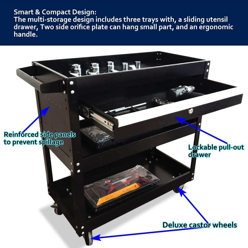 Big Tool Cart,4-Wheel Tool Cart,Rolling Tool Cart,Big Tool Storage Cart,Tool Cart with Ball-Bearing Slides,Tool Cart&Tool Chest for Garage and Warehouse (Black)