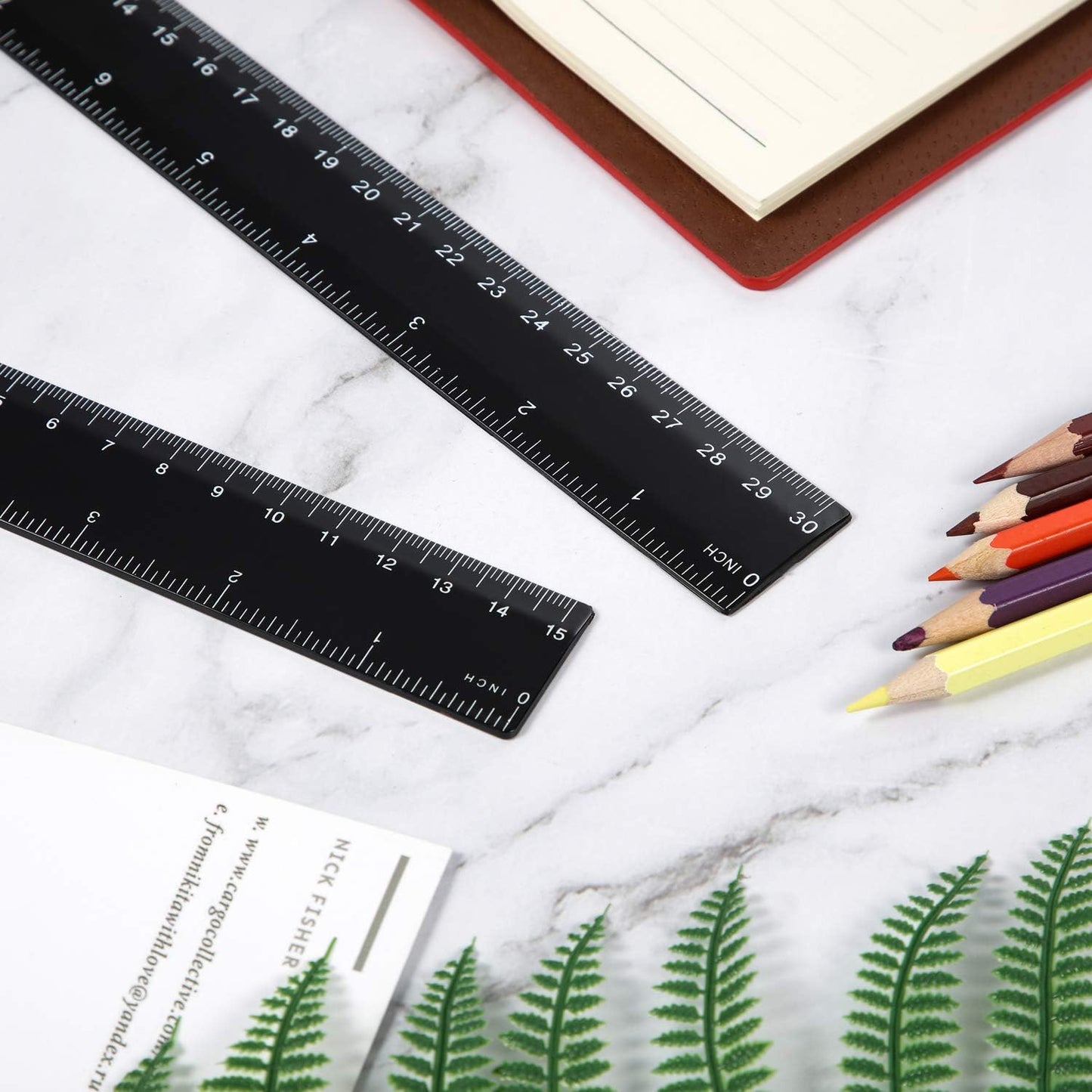 Plastic Ruler Straight Ruler Plastic Measuring Tool 12 Inches and 6 Inches, 2 Pieces (Black)