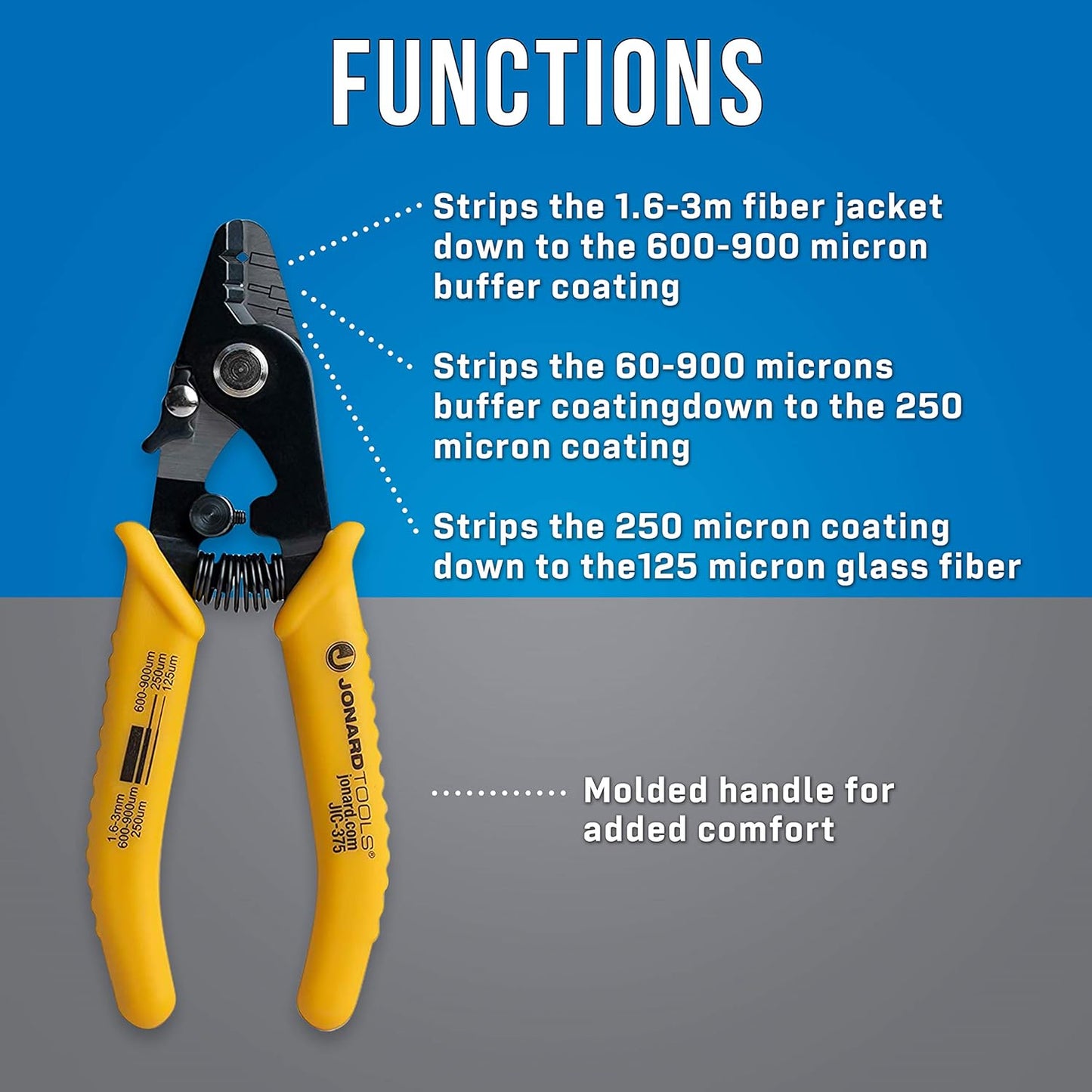 JIC-375 Three Hole Fiber Optic Stripper – Strips 1.6-3.0Mm Jacket, 600-900Μm Buffer, 250Μm Coating, Precision Tool with Angled Jaw and Safety Lock
