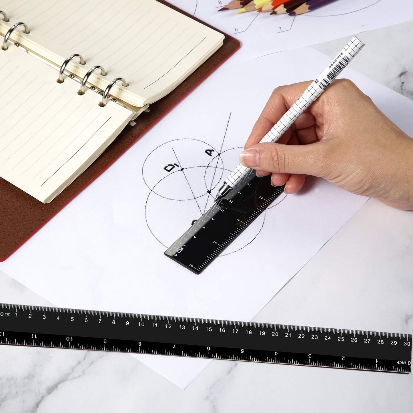 Plastic Ruler Straight Ruler Plastic Measuring Tool 12 Inches and 6 Inches, 2 Pieces (Black)