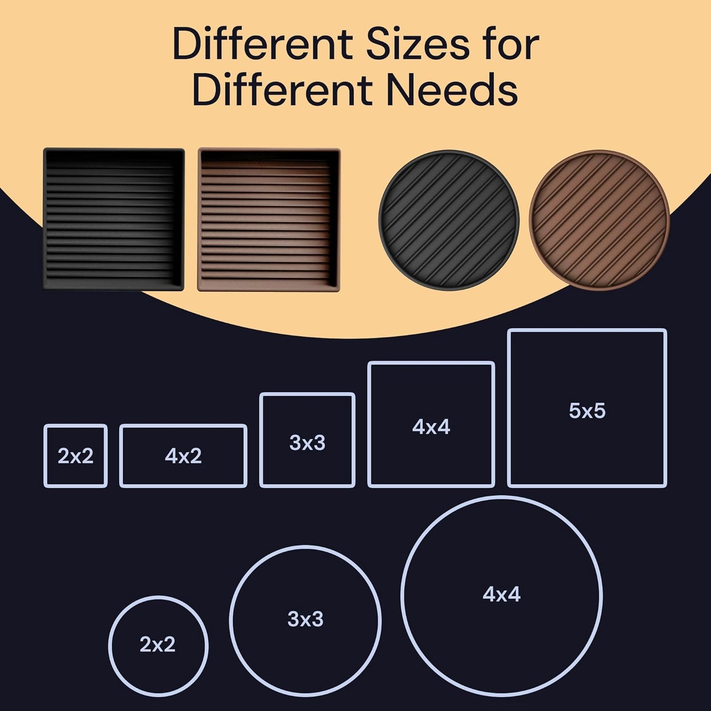 3X3 Square Rubber Furniture Caster Cups - Set of 4 Non-Slip Brown Floor Protectors for Hardwood - Furniture Grippers - Table Leg Floor Protectors