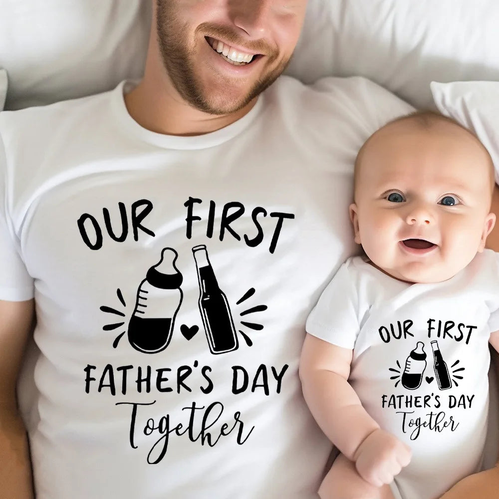 Infant'S Our First Father'S Day Together Outfit Letter Print Family Matching Set Casual Short Sleeve Matching Outfit Clothing