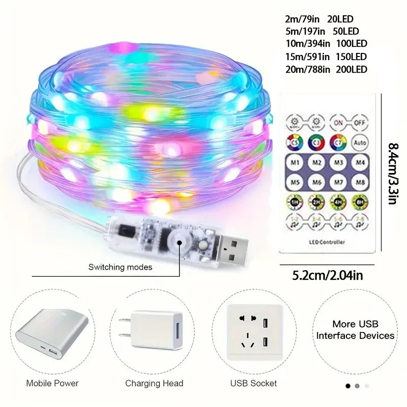RGB LED Light String 20M 10M 5M DIY Intelligent IC APP Bluetooth Remote Control Fairy Tale Lamp Dream Color Garden Party Christm