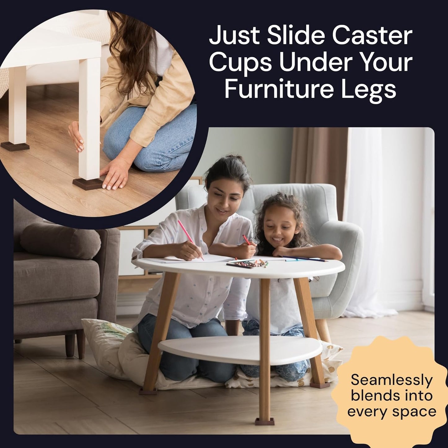 3X3 Square Rubber Furniture Caster Cups - Set of 4 Non-Slip Brown Floor Protectors for Hardwood - Furniture Grippers - Table Leg Floor Protectors