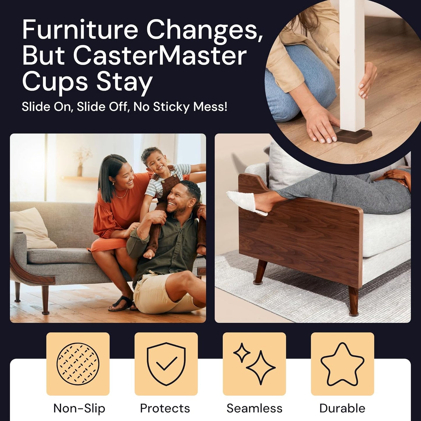 3X3 Square Rubber Furniture Caster Cups - Set of 4 Non-Slip Brown Floor Protectors for Hardwood - Furniture Grippers - Table Leg Floor Protectors