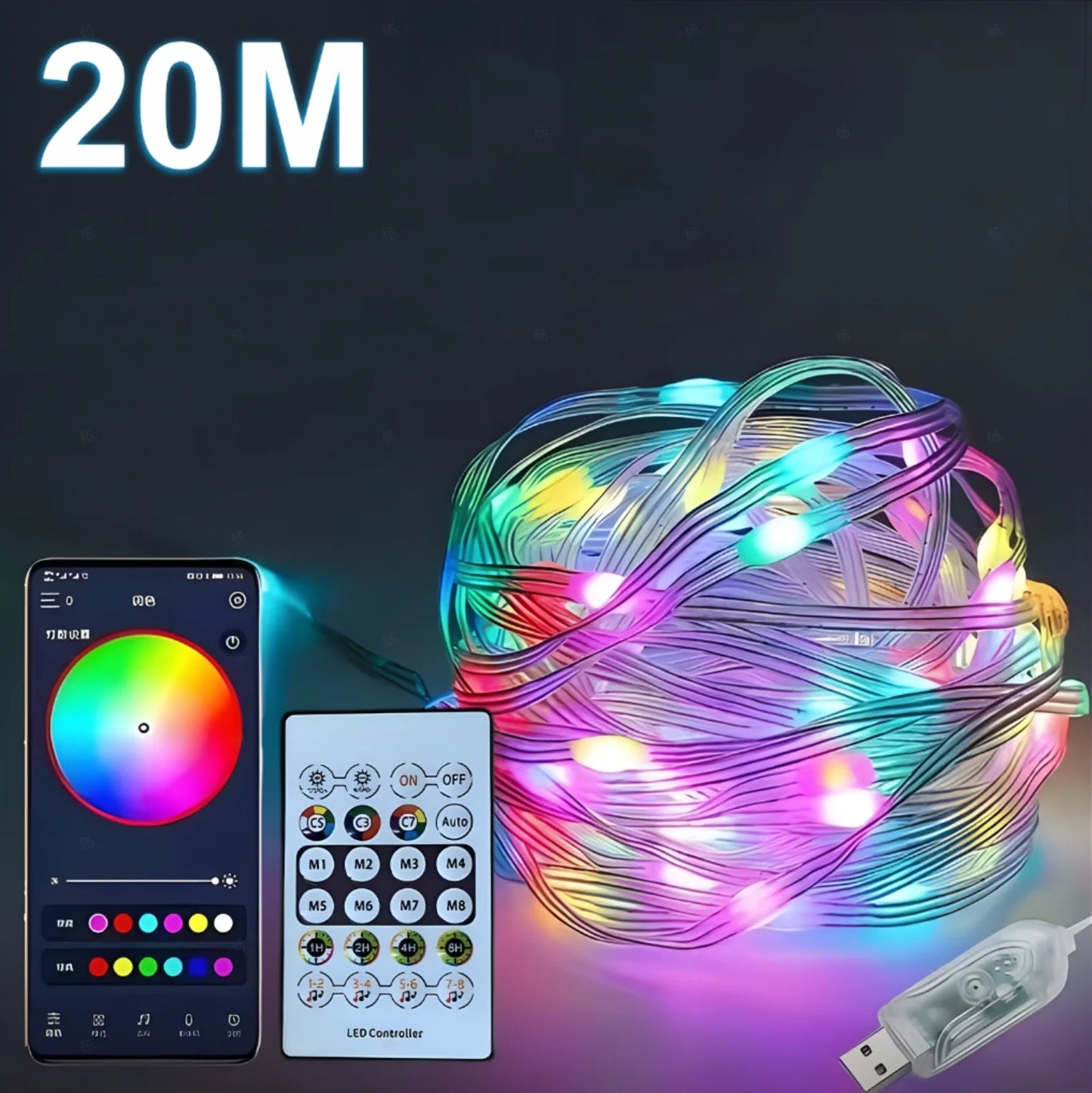 RGB LED Light String 20M 10M 5M DIY Intelligent IC APP Bluetooth Remote Control Fairy Tale Lamp Dream Color Garden Party Christm