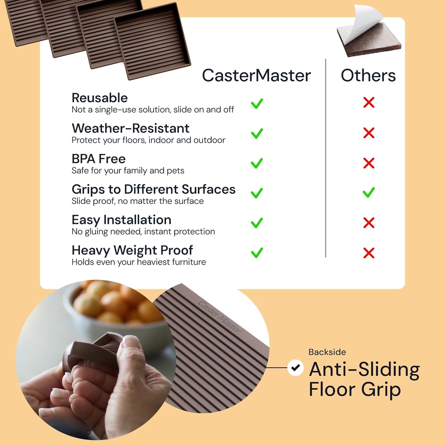 3X3 Square Rubber Furniture Caster Cups - Set of 4 Non-Slip Brown Floor Protectors for Hardwood - Furniture Grippers - Table Leg Floor Protectors