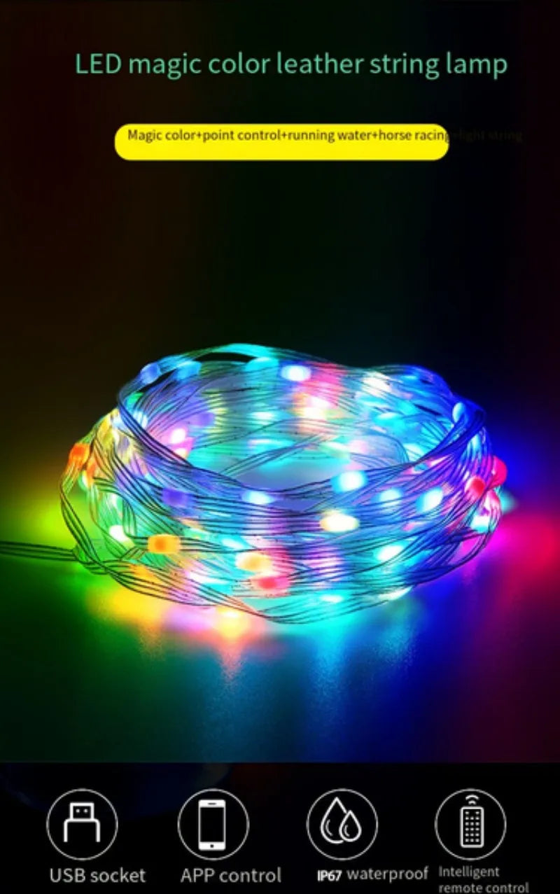 RGB LED Light String 20M 10M 5M DIY Intelligent IC APP Bluetooth Remote Control Fairy Tale Lamp Dream Color Garden Party Christm