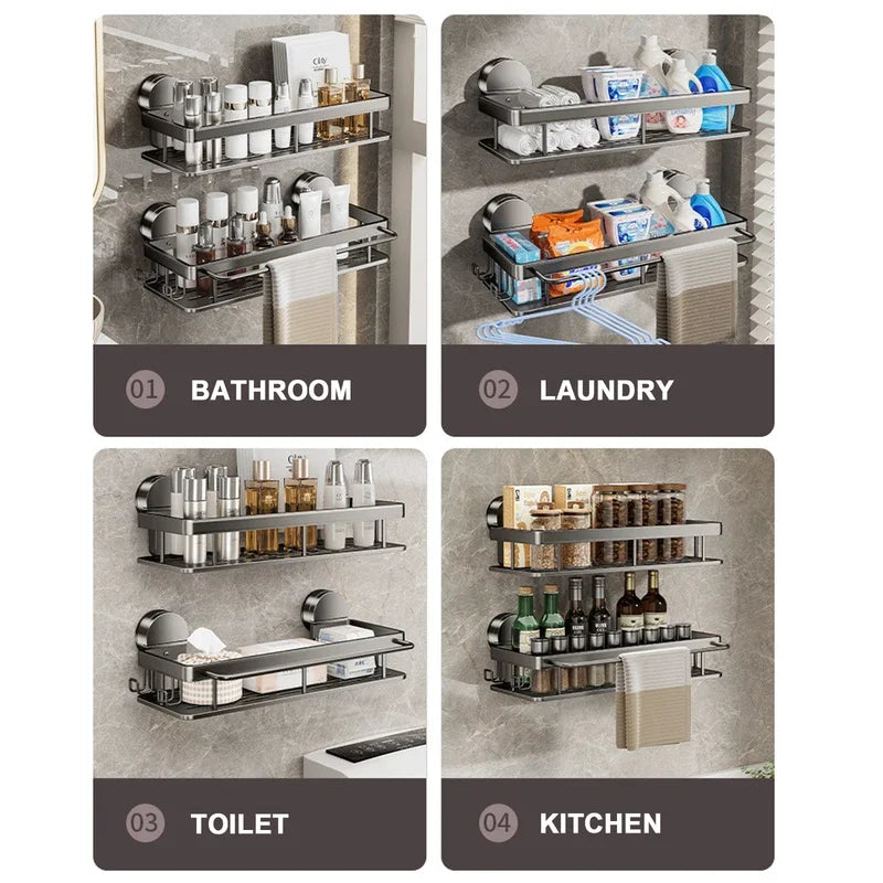 Suction Cup Bathroom Shelf No Drill Wall Mounted Shampoo Bottle Shower Rack Toilet Storage Rack Aluminum Bathroom Kitchen