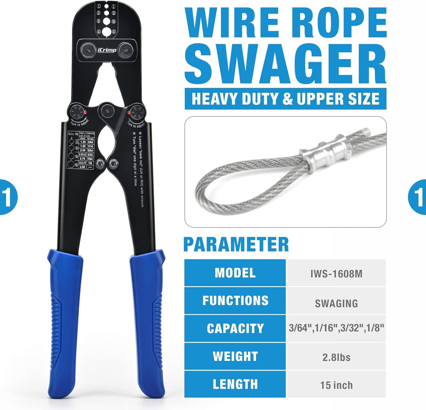 Icrimp Wire Rope Crimping Tool for Aluminum Loop Sleeve, Two Barrel Ferrule, Oval Sleeves, 3/64 in to 1/8 In, Swaging Tool Kit with Wire Rope Cutter
