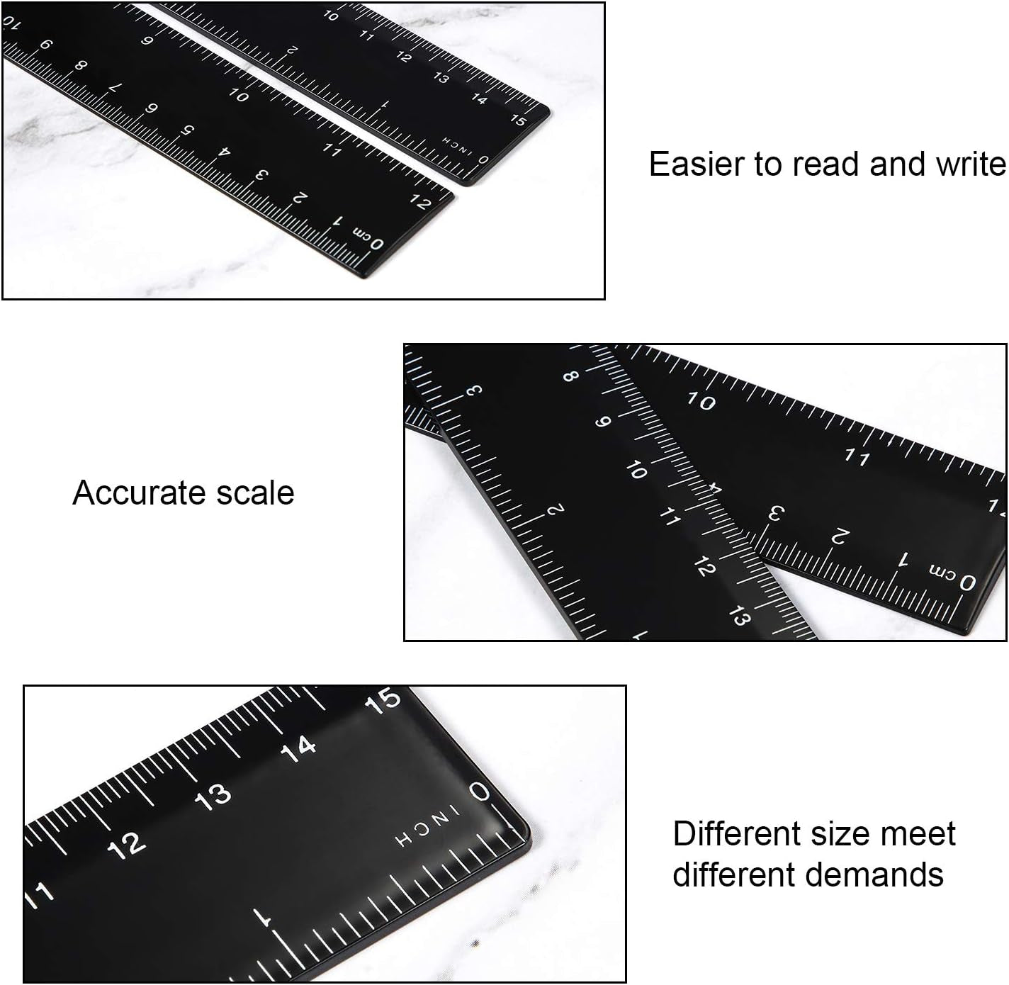 Plastic Ruler Straight Ruler Plastic Measuring Tool 12 Inches and 6 Inches, 2 Pieces (Black)
