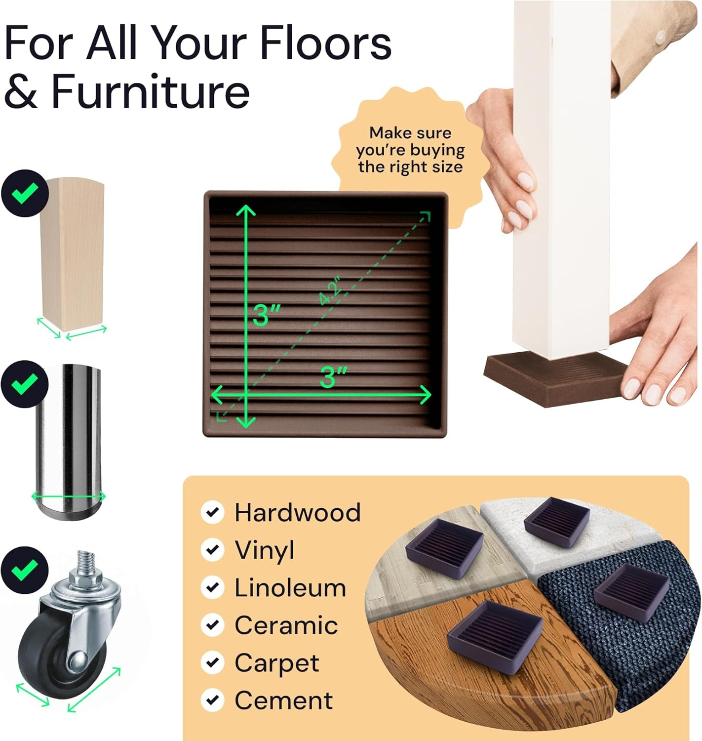 3X3 Square Rubber Furniture Caster Cups - Set of 4 Non-Slip Brown Floor Protectors for Hardwood - Furniture Grippers - Table Leg Floor Protectors