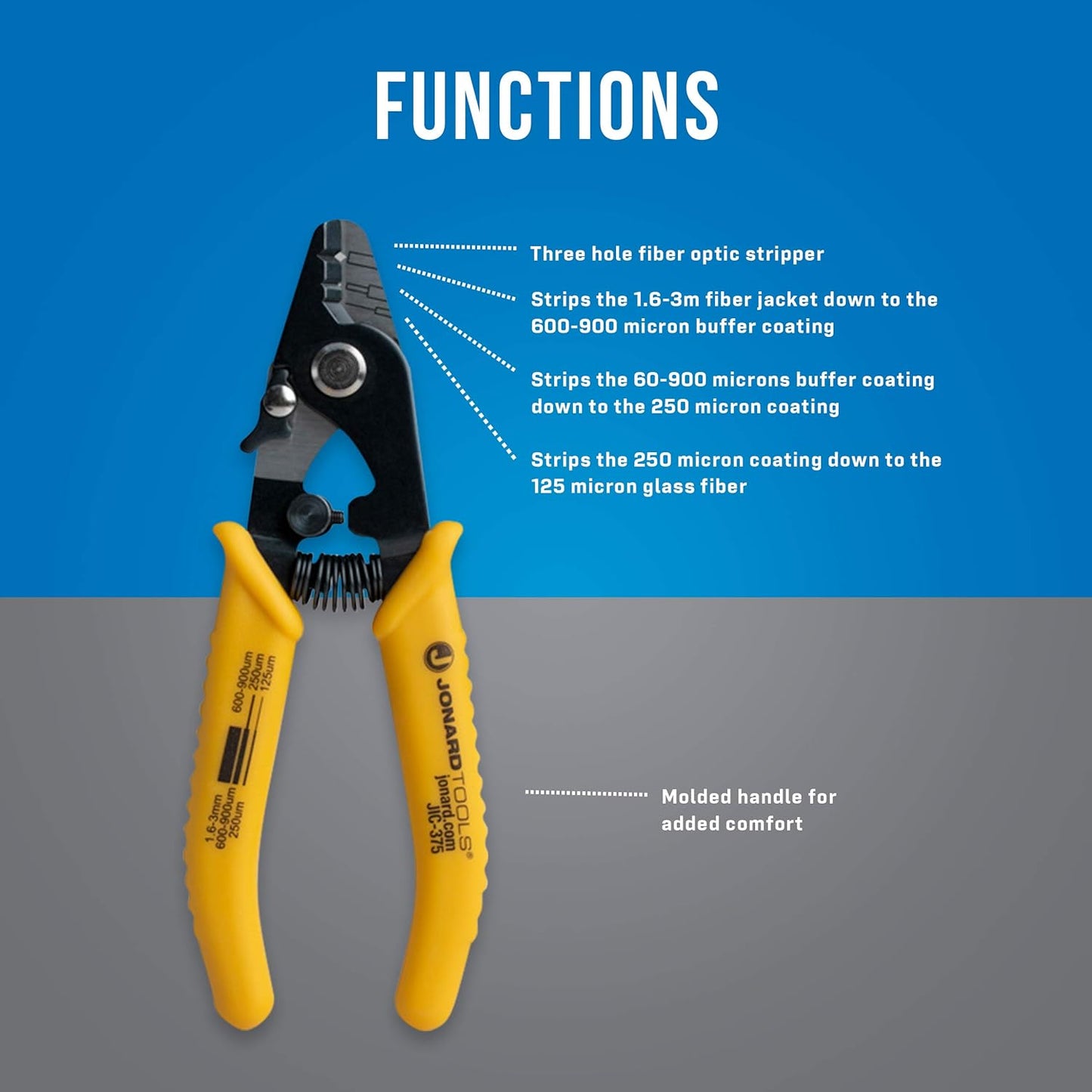 JIC-375 Three Hole Fiber Optic Stripper – Strips 1.6-3.0Mm Jacket, 600-900Μm Buffer, 250Μm Coating, Precision Tool with Angled Jaw and Safety Lock