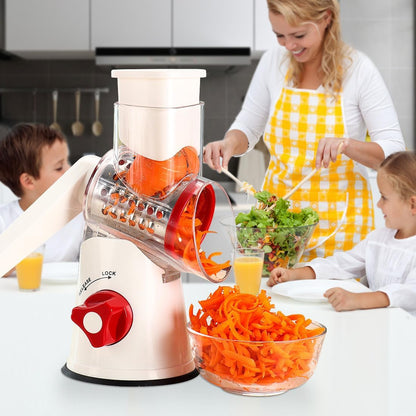 Rotary Cheese Grater Hand Crank, Kitchen Shredder Speed Mandolin Slicer Nuts Grinder with Handle and Drum Blades for Cheese, Vegetable, Chocolate, Potato, Carrot, 3 Blades, White Red