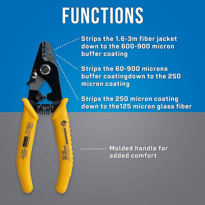 JIC-375 Three Hole Fiber Optic Stripper – Strips 1.6-3.0Mm Jacket, 600-900Μm Buffer, 250Μm Coating, Precision Tool with Angled Jaw and Safety Lock