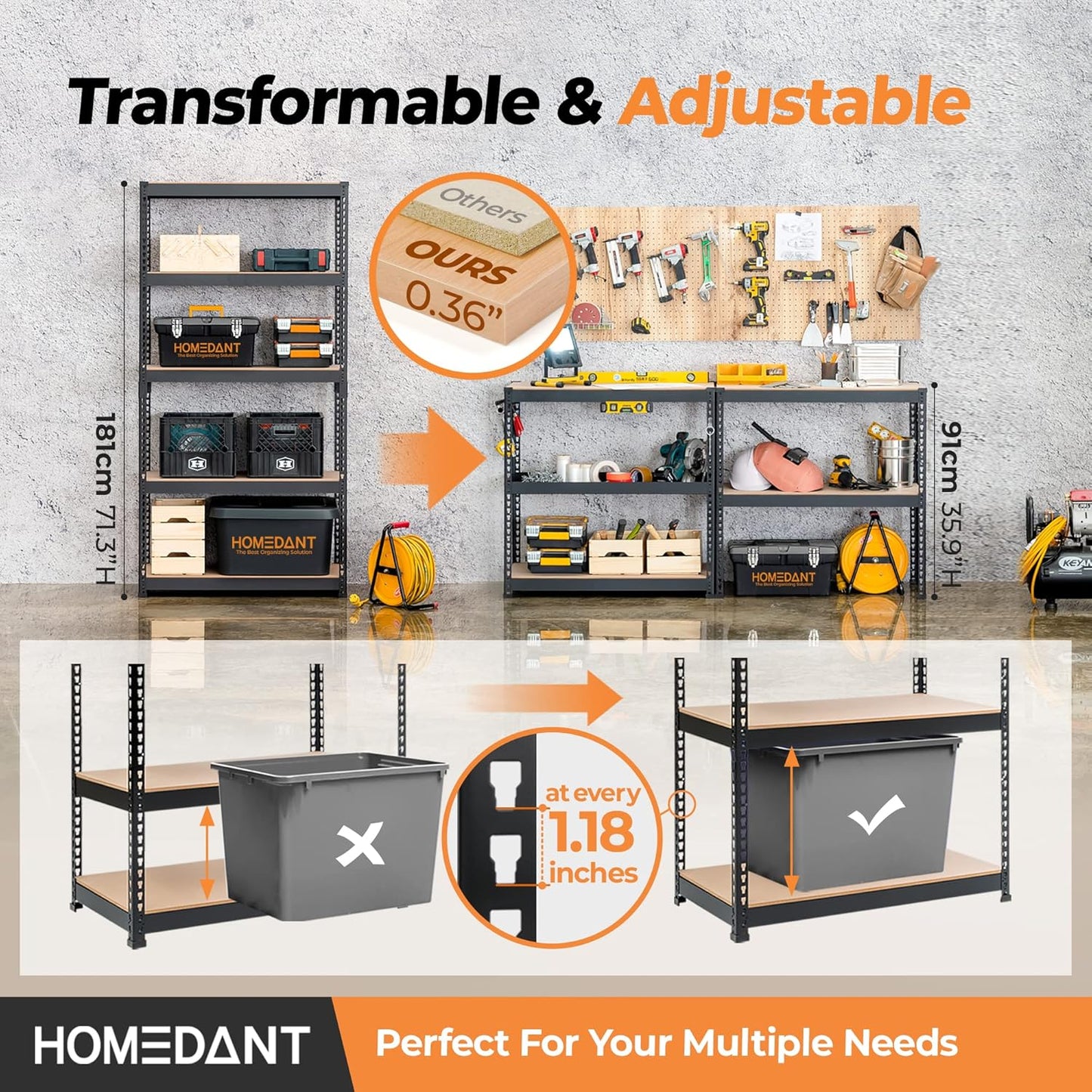 5 Tier Storage Shelves Adjustable Laminated Boltless Garage Metal Shelving Unit Heavy Duty Utility Rack Shelf Warehouse Pantry Closet Kitchen 35.9" W X 16.2" D X 71.3" H 1Pack