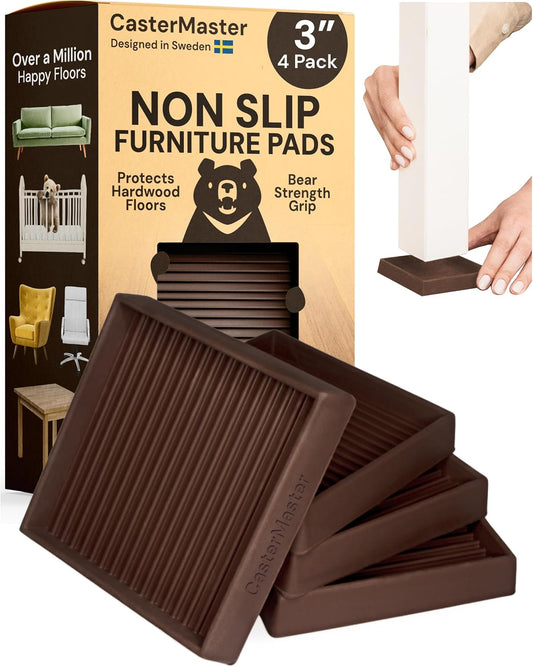 3X3 Square Rubber Furniture Caster Cups - Set of 4 Non-Slip Brown Floor Protectors for Hardwood - Furniture Grippers - Table Leg Floor Protectors