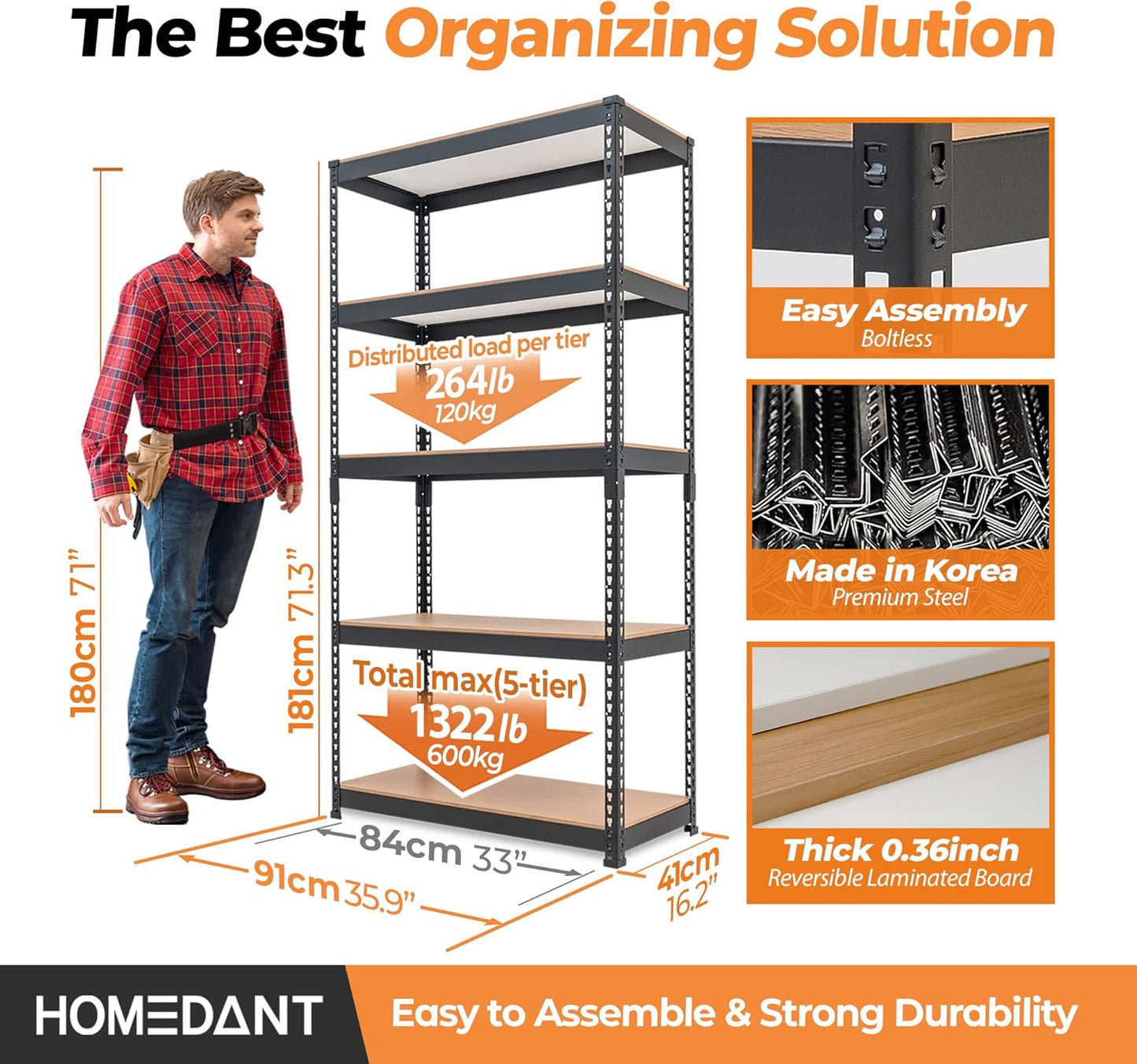 5 Tier Storage Shelves Adjustable Laminated Boltless Garage Metal Shelving Unit Heavy Duty Utility Rack Shelf Warehouse Pantry Closet Kitchen 35.9" W X 16.2" D X 71.3" H 1Pack