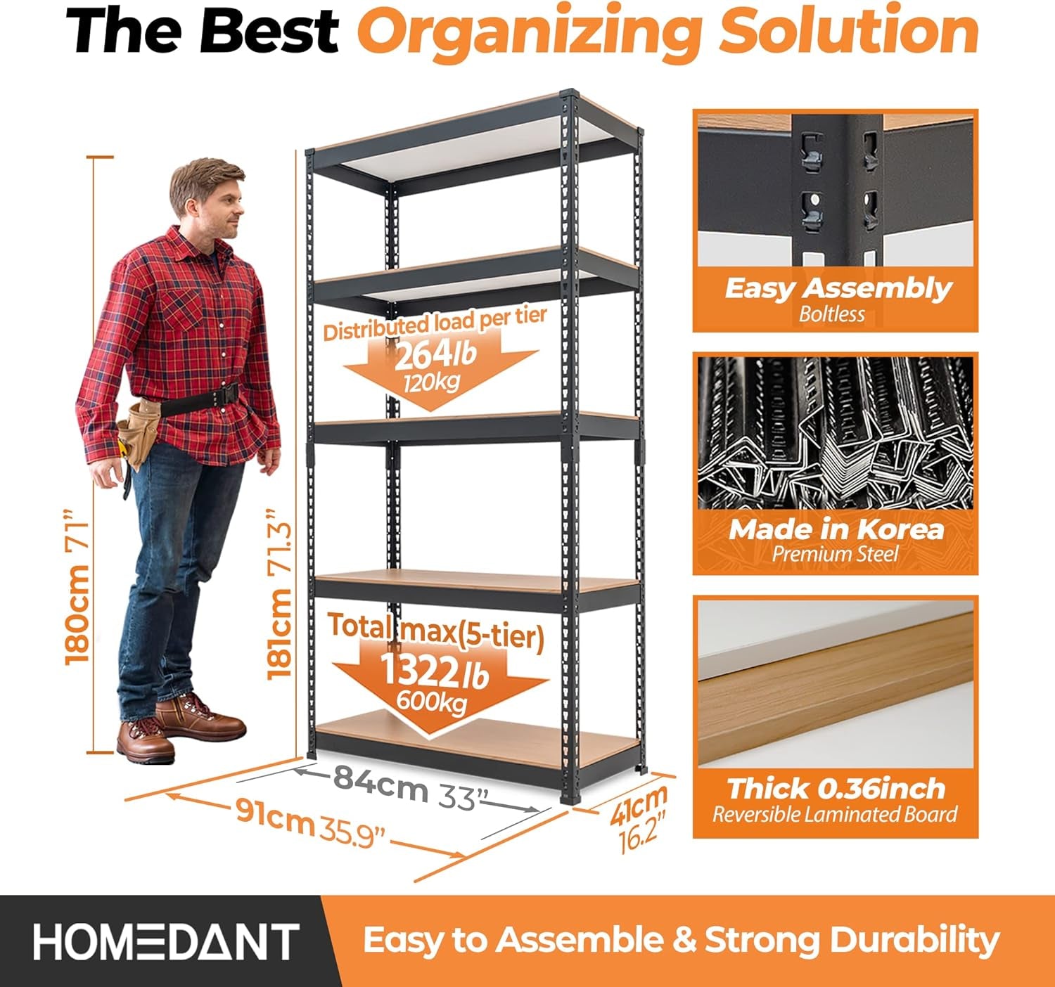 5 Tier Storage Shelves Adjustable Laminated Boltless Garage Metal Shelving Unit Heavy Duty Utility Rack Shelf Warehouse Pantry Closet Kitchen 35.9" W X 16.2" D X 71.3" H 1Pack