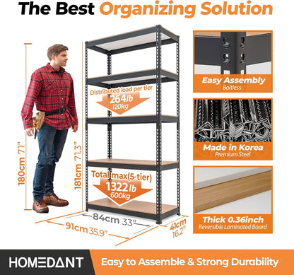 5 Tier Storage Shelves Adjustable Laminated Boltless Garage Metal Shelving Unit Heavy Duty Utility Rack Shelf Warehouse Pantry Closet Kitchen 35.9" W X 16.2" D X 71.3" H 1Pack