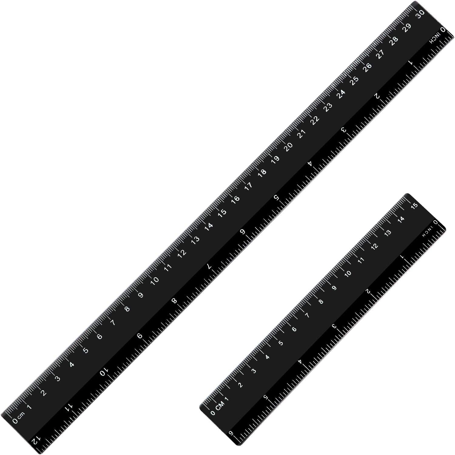 Plastic Ruler Straight Ruler Plastic Measuring Tool 12 Inches and 6 Inches, 2 Pieces (Black)