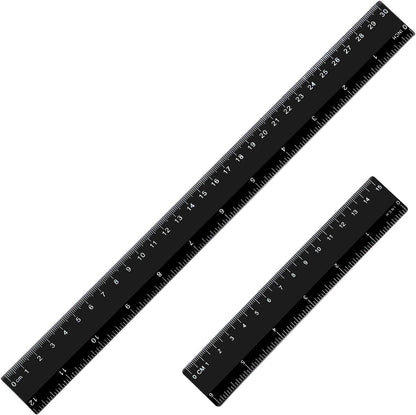 Plastic Ruler Straight Ruler Plastic Measuring Tool 12 Inches and 6 Inches, 2 Pieces (Black)