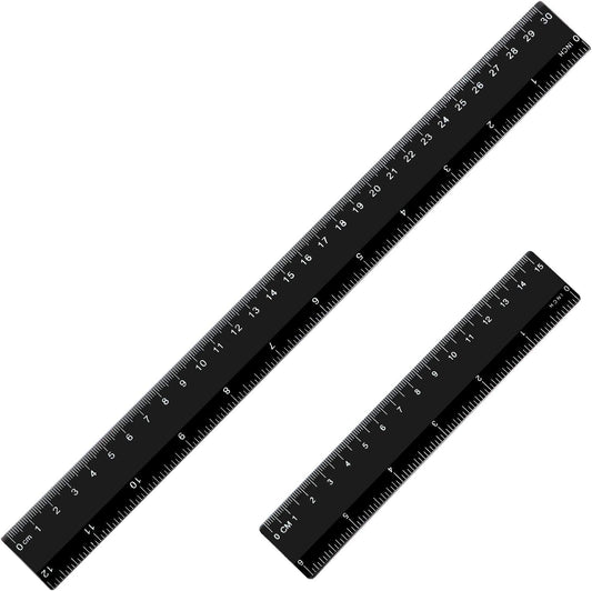 Plastic Ruler Straight Ruler Plastic Measuring Tool 12 Inches and 6 Inches, 2 Pieces (Black)