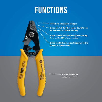 JIC-375 Three Hole Fiber Optic Stripper – Strips 1.6-3.0Mm Jacket, 600-900Μm Buffer, 250Μm Coating, Precision Tool with Angled Jaw and Safety Lock
